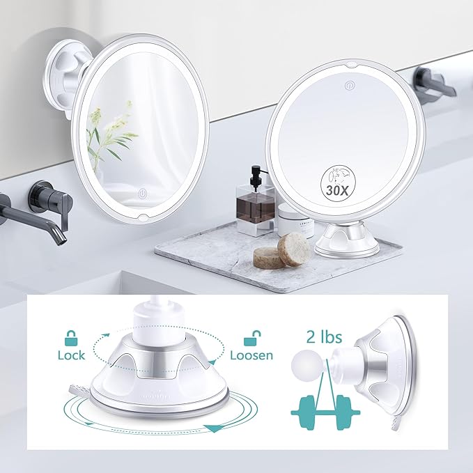 Lighted Makeup Mirror with 30X Magnification, 30X Magnifying Mirror Suction Cup with Light, 3 Color Modes and Adjustable Brightness, 360°Swivel Magnifying Mirrors with Light for Vanity 1500mAh