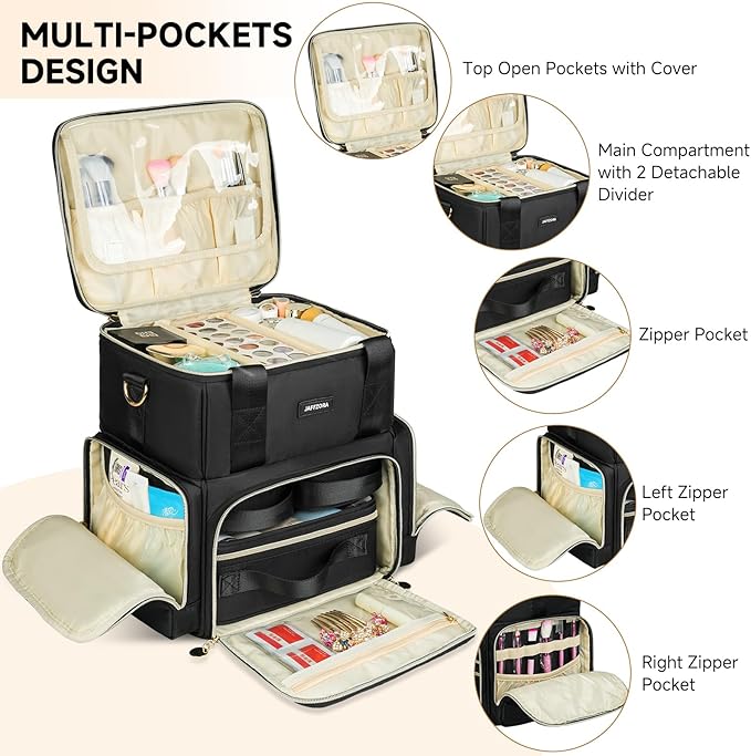 Extra Large Makeup Bag with 3 Removable Cases, Double Layers Travel Cosmetic Storage Organizer Bag with Detachable Dividers, Black