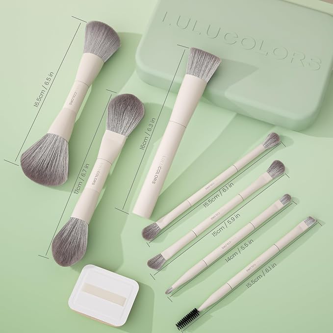 13-in-1 Dual-Ended Makeup Brush Set with Sponge & Travel Case – 7 Multi-Functional Brushes for Face & Eyes – Soft Bristles, Wooden Handles – Available in Cream, Green, or Pink (Mint Green)