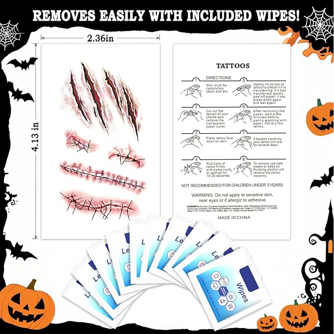 Zerobe Professional Zombie Film SFX Makeup Kit - Large 3D Fake Scars Blood Tattoo Stickers for Movie-Quality Undead Effects | Waterproof, Realistic Wounds for Cosplay, Halloween (Large 121 Pcs)