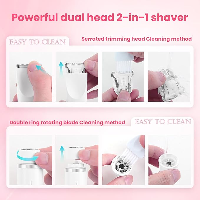 Bikini Trimmer for Women-2 in 1 Dual Head Electric Razors,USB Rechargeable Bikini Electric Shaver,IPX7 Waterproof Dry & Wet Use Body Hair Trimmer and Facial Hair Remover for Underarm Leg Body,White