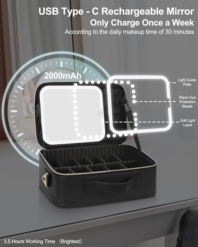 Chomeiu Makeup Bag with LED Mirror, Large Travel Cosmetic Train Case for Women, Makeup Artists Large Organizer Box with Vanity Light Up Mirror, 3 Color Lights, Adjustable Dividers (Black)