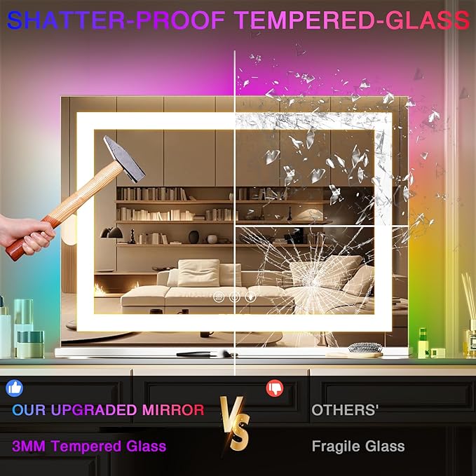 COOLJEEN RGB Vanity Mirror with Lights 23” X 18” Makeup Mirror with Front Light and RGB Backlit Lighted Makeup Mirror with 3 Color Lighting Dimmable Tempered Glass 10x Magnification and Wall-Mounted