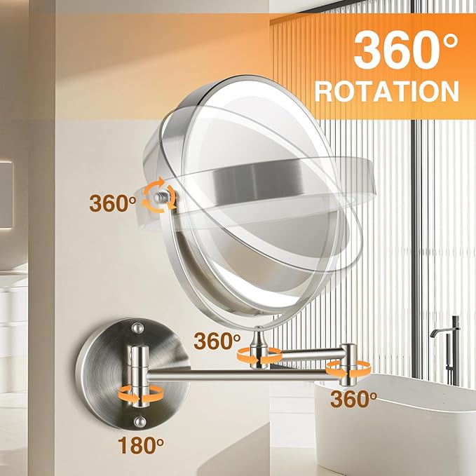 8.5 Inch Rechargeable Wall Mounted Makeup Mirror Brushed Nickel, Double Side Dual-Touch 1X/10X Magnifying Mirror with Light, 3 Color Lights 360°Swivel Extendable Bathroom Mirror