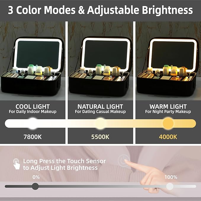 15“×11“Professional Makeup Train Case,Large Waterproof Travel Makeup bag with Mirror and Light, Leather Black Make up Bag with Mirror and Light,Led Makeup Case with Adjustable Dividers