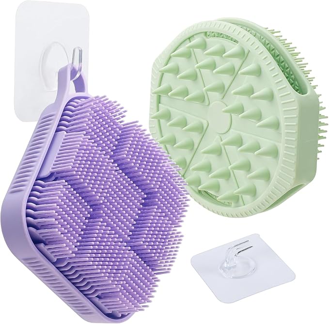 Silicone Shower Scrubber Women Men 2 Pcs Exfoliating Body Scrubber Exfoliator Scalp Non-Slip Hollow Hand Glove Loofah Alternative Deep Clean Wash Dual-Sided Durable Scrub Bath Essentials Green Purple