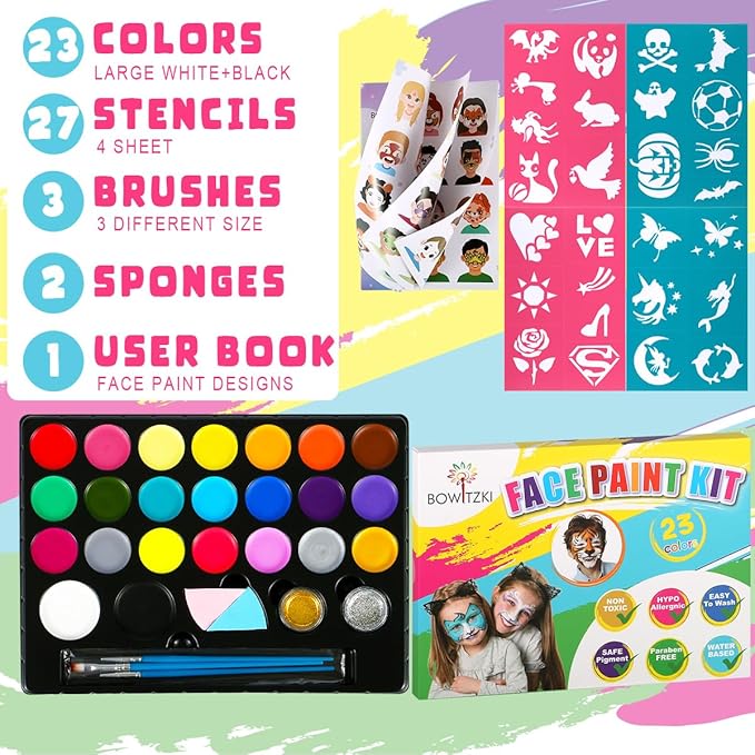 Bowitzki Face Painting Kit for Kids 23 Colors Water Based Face Paint Kit Non Toxic Professional with Stencils Brushes for Parties Birthdays Halloween Christmas Body Makeup