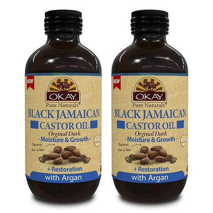 Okay Pure Naturals Black Jamaican Castor Oil with Argan Oil - Castor Oil for Hair Growth, Moisture for Skin, Face, Scalp, Eyelashes, Eyebrows, for Men & Women - 4 Fl Oz Glass Bottle (2 Pack)