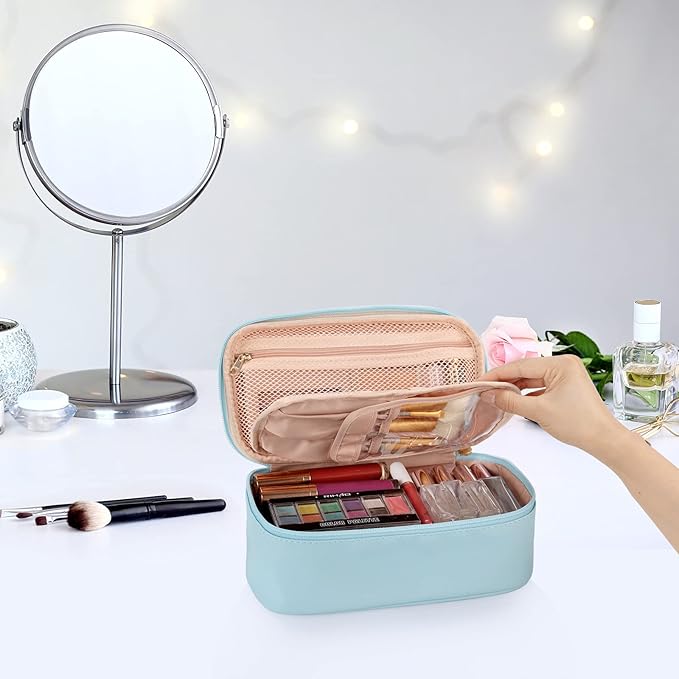 OCHEAL Small Makeup Bag,Portable Cute Travel Makeup Bag Pouch for Women Girls Makeup Brush Organizer Cosmetics Bags with Compartment-Blue