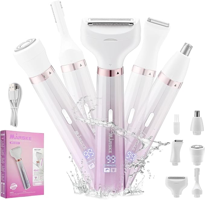Electric Shavers Razors for Women, 5 in 1 Bikini Trimmer for Women, Wet/Dry Womens Electric Shaver Razor, Face Shaver for Face Nose Eyebrow Arms Armpit Legs Pubic Area, Facial Hair Removal
