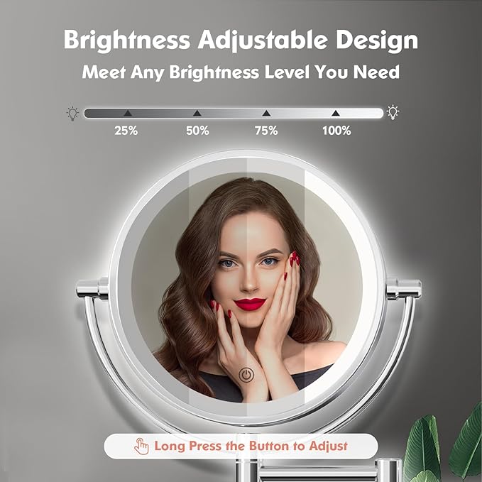 FASCINATE Upgraded Wall Mounted Makeup Mirror with Lights, Super Large Double Sided 1X/10X Magnifying Mirror for Bathroom, 360° Swivel Extendable Plug Touch Sensor Vanity Mirror