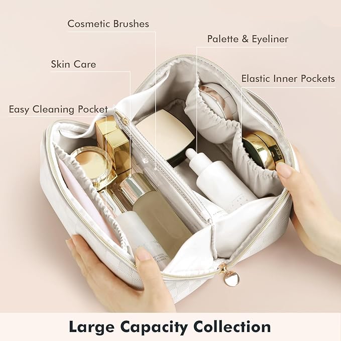 Prite Makeup Bag for Women Travel Waterproof Vegan Leather Cosmetic Bag Open Flat Toiletry Bag With Clear Divider and Handle (Plaid Beige)