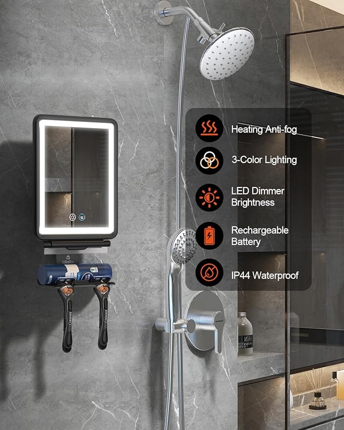 Heated Shower Mirror Fogless for Shaving, 3 Color Dimmable Lights Shower Mirror Fogless, Rechargeable Anti-Fog Shaving Mirror with Razor Holder, Storage Tray, Squeegee