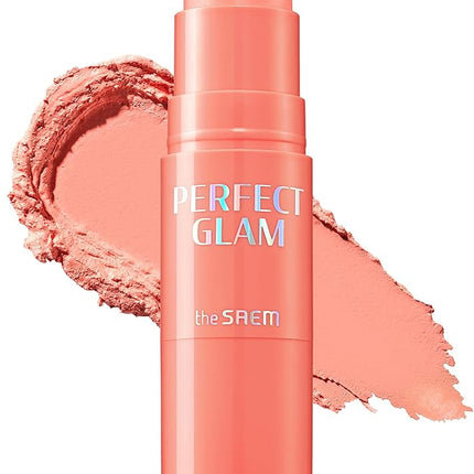 THESAEM Perfect Glam Stick Blush CR01 Apricot Milk - Creamy Cheek Peach Coral - Ceramide, Shea Butter - Melting Cream Texture Buildable Color Korean Makeup with Blending Puff, 0.2oz.