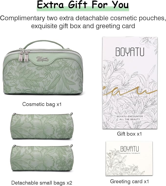 BOYATU Travel Makeup Bags Cosmetic Organizer Bag: 3-Set Large Capacity Make up Bag - PU Leather Toiletry Bags for Women - Wide Open Portable Pouch with Divider & Handle (02-Light Green)