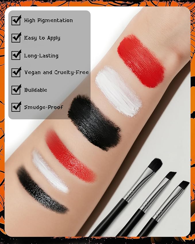 Halloween Effects Makeup Kit, Red Black White Face Paint, Makeup with Tri-color makeup Tattoo stickers sponges brushes, Perfect for Halloween Zombie Vampire Skeleton