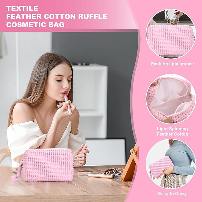 Quilted Makeup Bag Ruffle Cosmetic Bag, Travel Toiletry Bag for Women with Wrist Strap, Cute Makeup Bag Organizer, Portable Aesthetic Make up Organizer Bag for daily work Gift Giving (PINK)