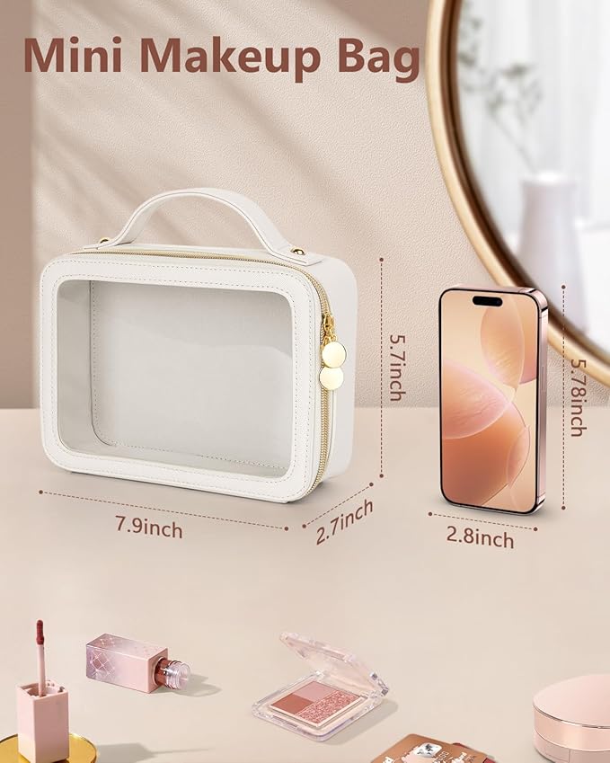 Clear Makeup Bag, Portable Travel Cosmetic Bags, Multipurpose Leather Toiletry Bag with Zipper, Waterproof Transparent Cosmetic Organizer for Women, Medium, Beige