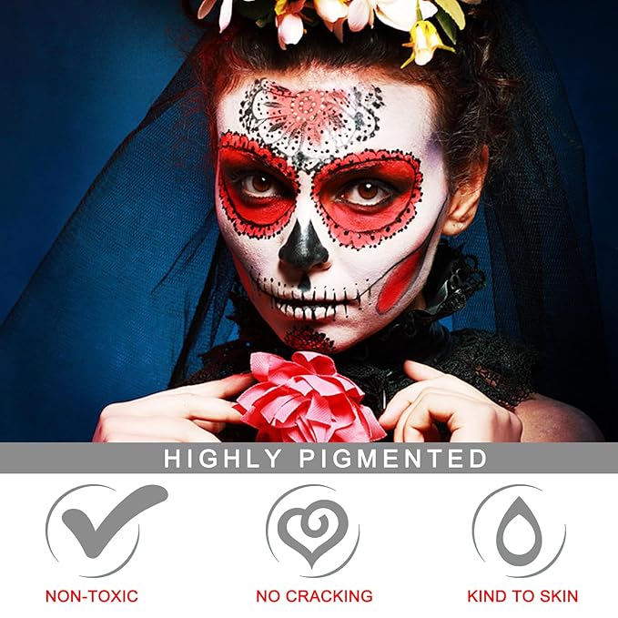 MEICOLY Black White Red Face Body Paint Stick with Setting Powder and Sponges,Clown White Devil Joker Face Paint Makeup,Waterbased Body Paint,Halloween Face Painting for Vampire Skeleton Spiderman