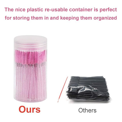 CHEFBEE 100PCS Disposable Eyelash Brush, Mascara Wands Makeup Brushes Applicators Kits for Eyelash Extensions and Eyebrow with Container (Light Pink)