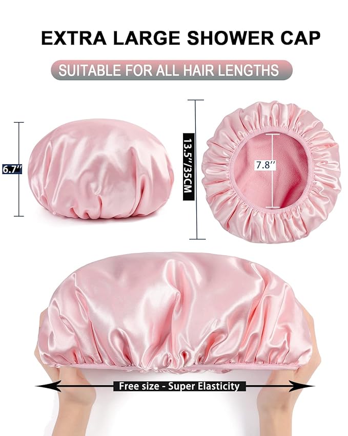 YIZIJIZI Terry Lined Shower Cap,Triple Layer Large Cap for Women,Shower Cap Reusable Waterproof,Long Thick Hair(Pink)
