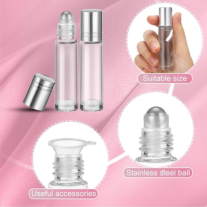 Sumind 150 Pcs Essential Oil Roller Bottles 10 ml Glass Empty Roll on Bottles with Stainless Steel Balls Leak Proof with 5 Funnel for Travel Essential Oil(Silver)