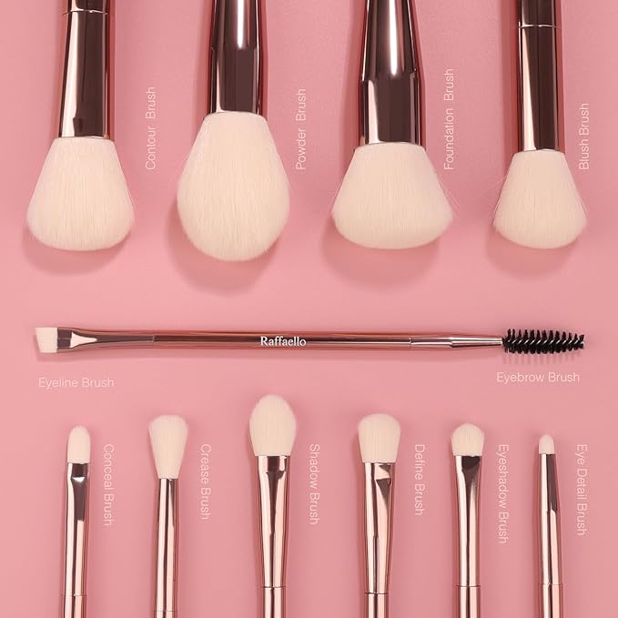 Raffaello 6-in-12 Dual-Ended Makeup Brushes Set, Sustainable Rose Gold Brushes with Recycled Materials, Includes White Faux Leather Pouch, Professional Face & Eye Makeup Kit for Travel and Daily Use
