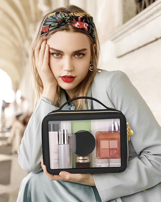 Clear Makeup Bag, Portable Travel Cosmetic Bags, Multipurpose Leather Toiletry Bag with Zipper, Waterproof Transparent Cosmetic Organizer for Women, Large, Black