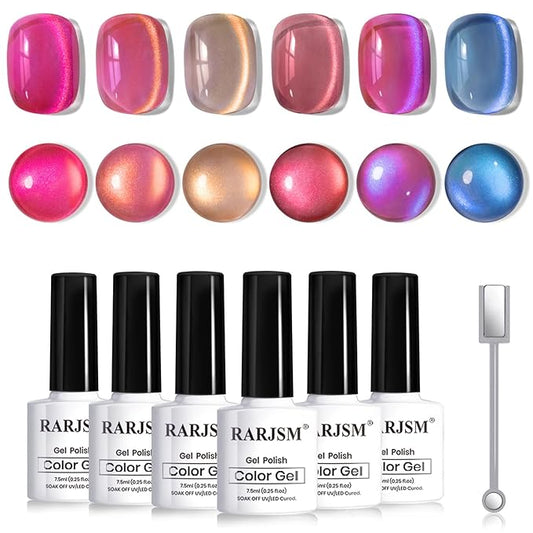 RARJSM Ceramics Glitter Cat Eye Gel Nail Polish Set 6Pcs Pink Light Purple Gold Brown Blue Velvet Shimmer Smoothie Cateye Gel Polish with Magnetic Stick UV LED Curing Require Home Salon Nail Design