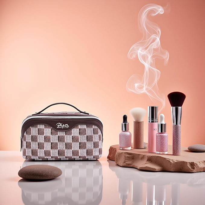 BOYATU Travel Makeup Bag for Women: Large Cosmetic Bag Set of 3 - PU Leather Make up Bag with Compartments - Compact Waterproof Toiletry Bag with Divider & Handle (C-03Brown)