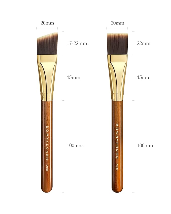 Desert Oak Series Foundation Master Duo Brush Set - CM 184 Liquid Flat Top & CM 185 Cream Angled Brush for All Foundation Types, Bubinga & Brass