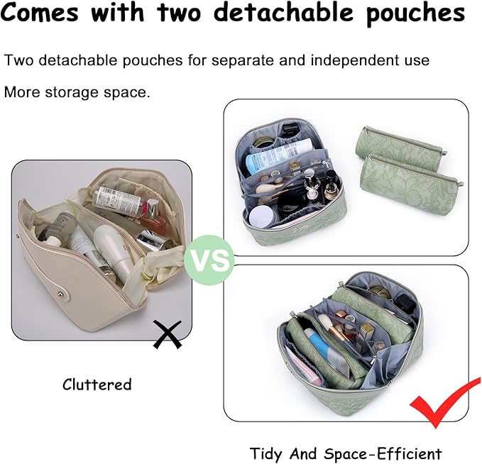 BOYATU Travel Makeup Bags Cosmetic Organizer Bag: 3-Set Large Capacity Make up Bag - PU Leather Toiletry Bags for Women - Wide Open Portable Pouch with Divider & Handle (02-Light Green)