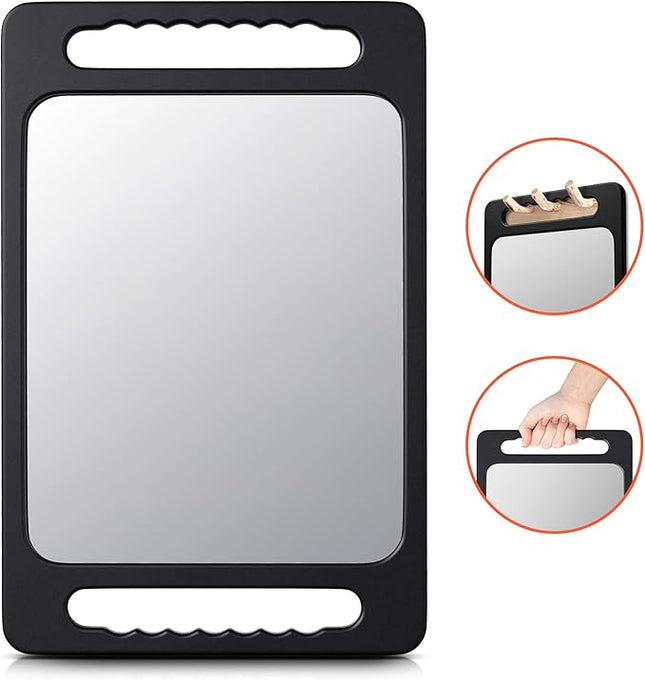 TASALON Unbreakable Hand Mirror with Double Handle - Large Handheld Barber Design for Hair and Beauty Salon - Durable Hand Held for Barbershop - Lightweight Haircut Mirror with Double Handgrip