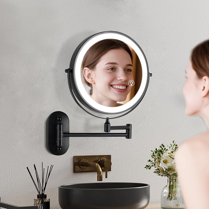 Wall Mounted Makeup Mirror with Light: 30X/1X 8.5'' Double Sided LED Magnifying Bathroom Mirror, Black
