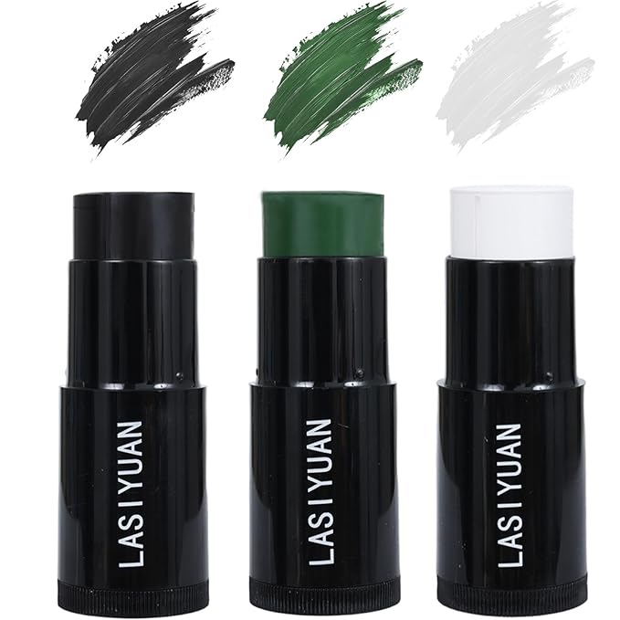 Face Body Paint Stick (BLACK+WHITE+GEEEN)，Water Resistant Sports Body Makeup Athletes Softball， Professional Halloween Face Makeup Kit ，for Halloween costume， Zombie Clown Vampire