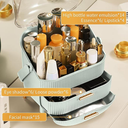 CANITORON Makeup Organizer with 2 Drawers and Brush Storage Box, Cosmetic Display Case for Vanity and Bathroom Countertop Storage (Sage Green)