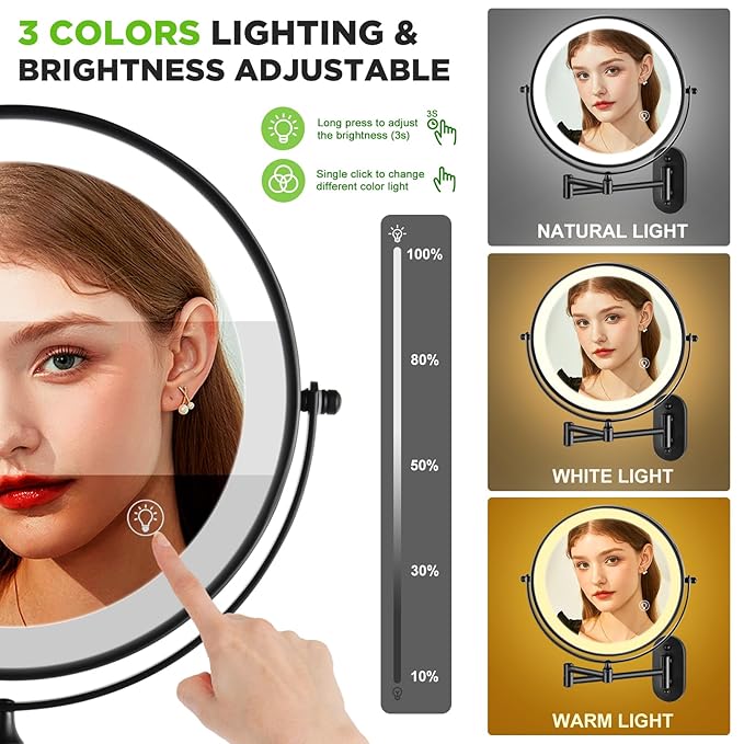 Wall Mounted Makeup Mirror: 1x/15x Magnifying Mirror with 8.5" Double Sided, Vanity Makeup Mirror for Bathroom, Brush Black