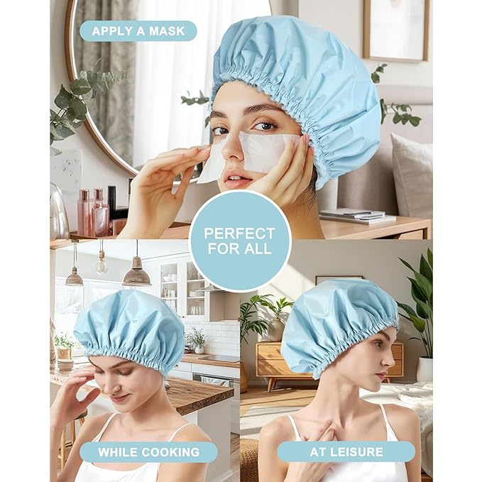 Shower Cap for Women, Double Layer Waterproof Bath Cap, Reusable Hair Protector, Large Waterproof Shower Bonnet Washable Elastic Band Bath Hair Hat for Long Hair, Braids， - Blue