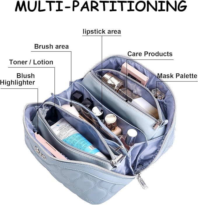 Travel Makeup Bags for Women Cosmetic Bag: Puffy Make up Bags Set of 3 - Vegan Leather Makeup Organizer - Waterproof Large Toiletry Bag with Compartments - Travel Essentials (Blue)