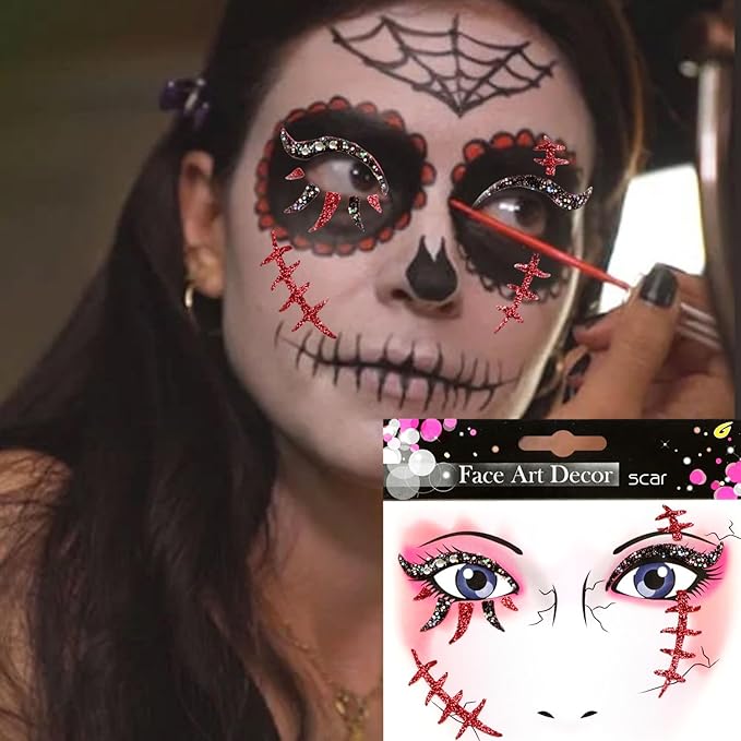 3 Pcs Halloween Face Gems Jewels,Day of the Dead Scar and Blood Stains Rhinestone Face Tattoo Stickers Glitter Rhinestone Face Jewels for Halloween Rave Party Cosplay