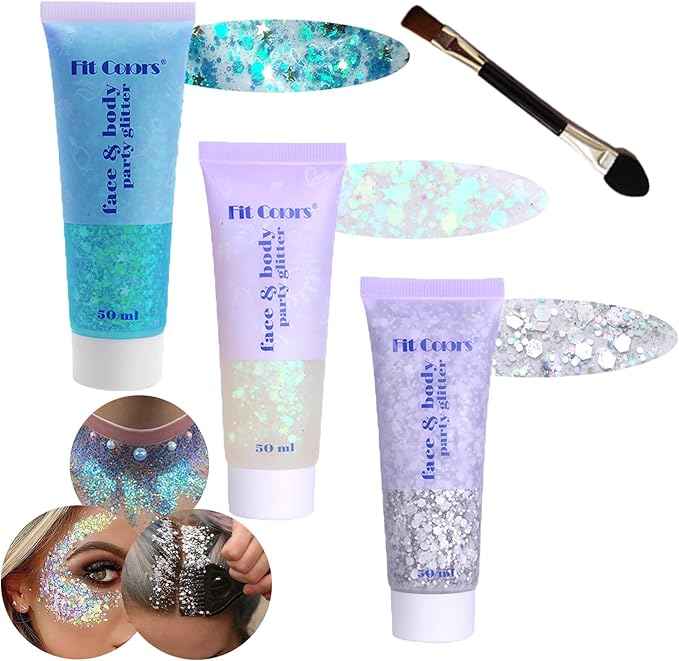 Body Glitter Gel: Singer Concerts Disco Festival Rave Accessories Makeup 150ml Chunky Sequins Mermaid Face & Body Hair Glitter Gel (White, Silver, Lake Blue)
