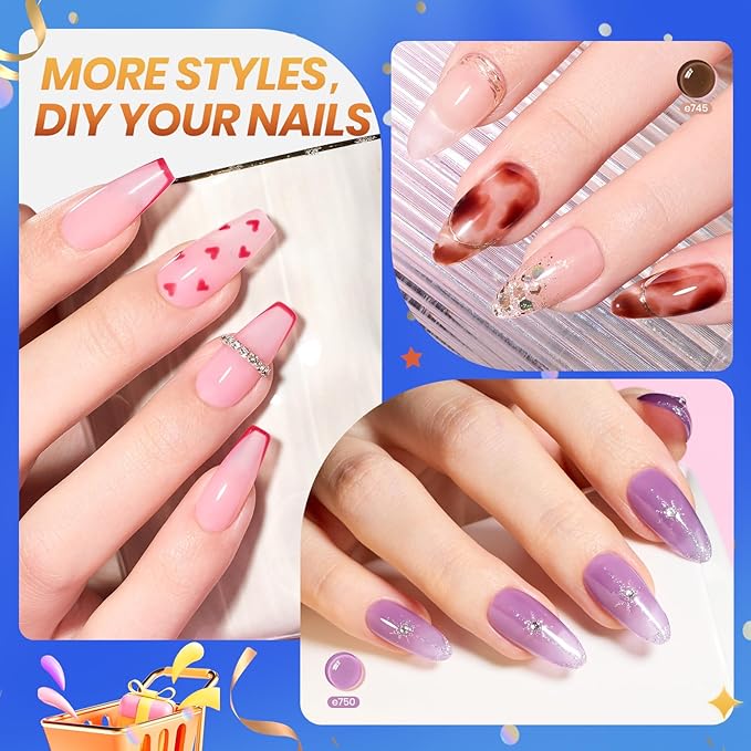 Beetles Jelly Gel Nail Polish Set, 53PCS 36 Colors Jelly Pink Milky White Red Black Blue Green Silver Cat Eye Base Glitter Glossy Matte Top Coat Crystal Ice Collection French Nails Gift for Women