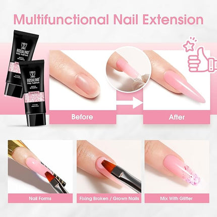ROSALIND Pearl Pink Poly Extension Gel, 2.7 oz Pink Poly Nail Gel Builder for Nail Art Decoration, Pink Nail Thickening Extension Easy to DIY Use at Home Need UV Lamp