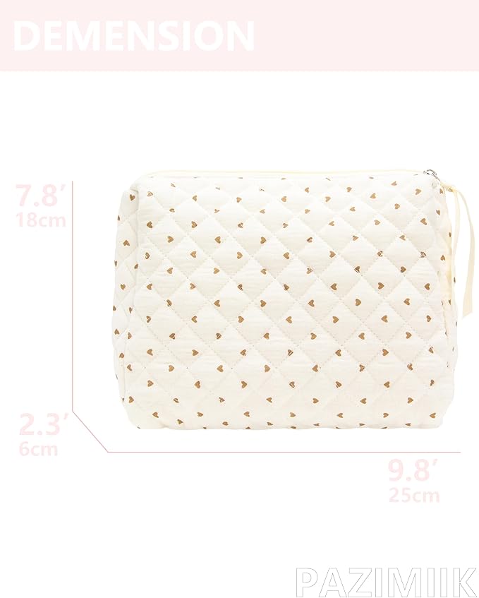 PAZIMIIK Quilted Makeup Bag Large Travel Zipper Soft Cosmetic Pouch for Women Girls Make Up,Gauze Heart Coffee