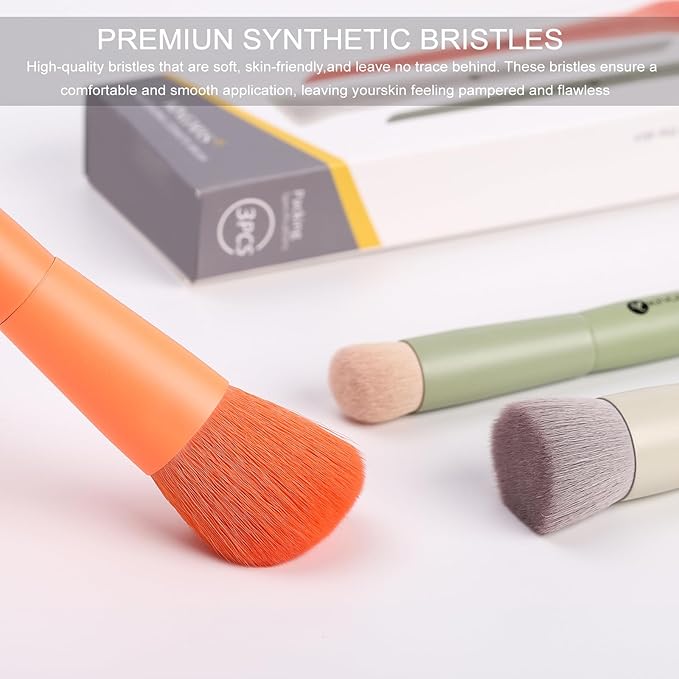 KINGMAS 3Pcs Foundation Brush Contour Concealer Brush Set, Under Eye & Blusher Brush Face Kabuki Makeup Brushes