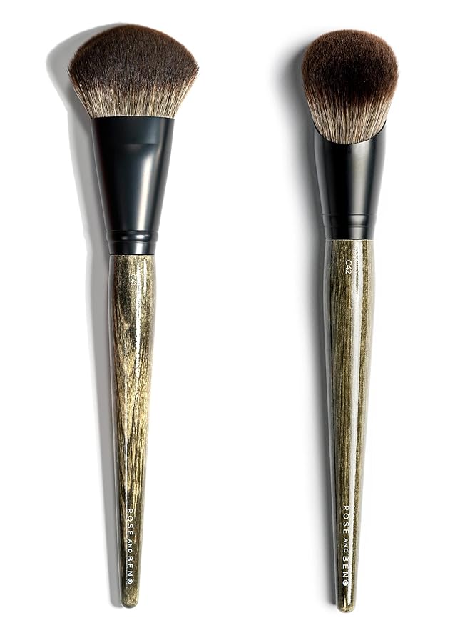 Rose and Ben Beauty C41 Blush Brush & C42 Foundation Brush Bundle | Professional Tools for Flawless Liquid, Cream, Pressed & Powder Application | Angled, Streak-Free, Cruelty-Free