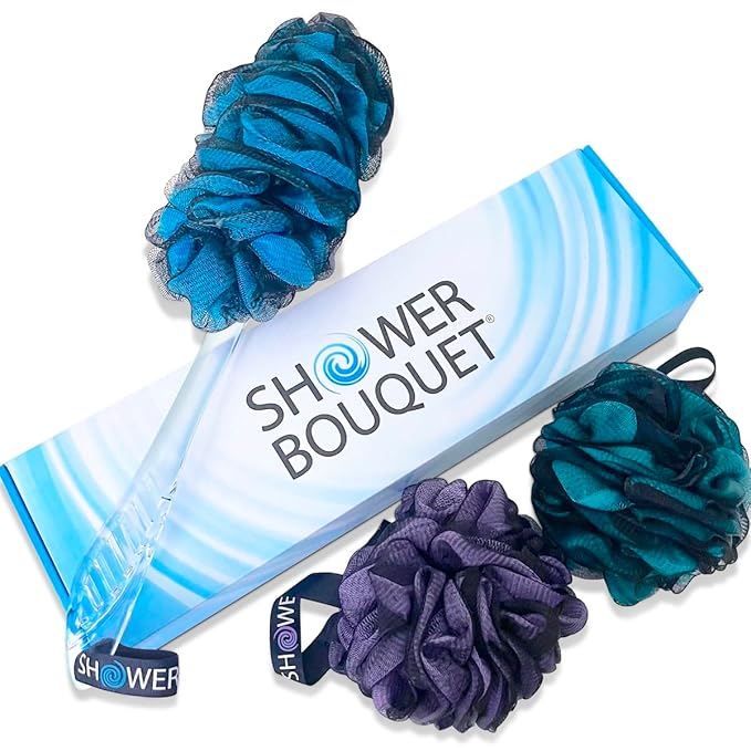 SHOWER BOUQUET Loofah-Charcoal Back-Scrubber & Bath-Sponge Color-Set // 1 Long-Handle-Back-Brush plus 2 Extra Large 75g Soft Mesh Loofa Lufa Loufa Poufs, Men & Women - Exfoliate with Full Pure Cleanse