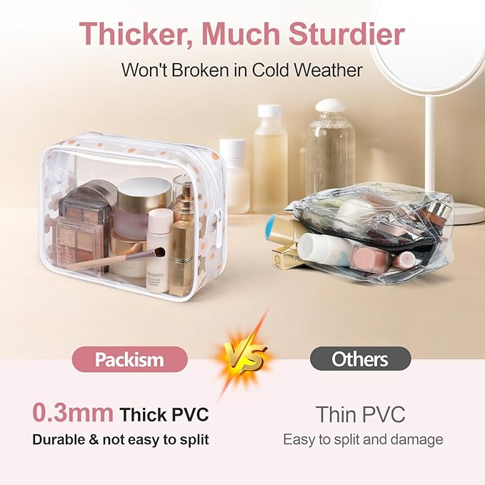 PACKISM TSA Approved Toiletry Bag - White Flower Print Clear Makeup Bag, Suitable for Gifts, with Supporting Frame, Perfect Valentines Day Gifts for Her, Thick No Smell