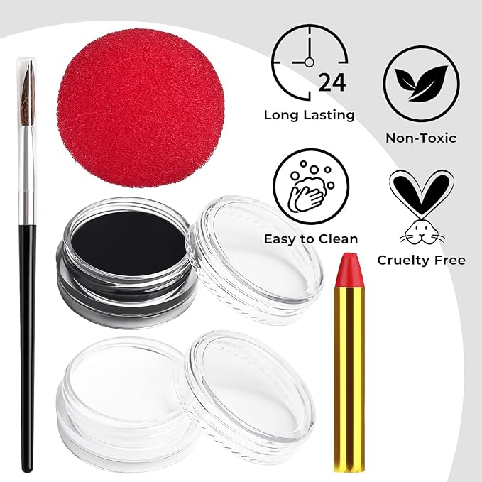 Halloween Joker Clown Makeup Kit, Black White Face Body Paint + Red Nose, SFX Makeup Set for Teens and Adults Art Costume
