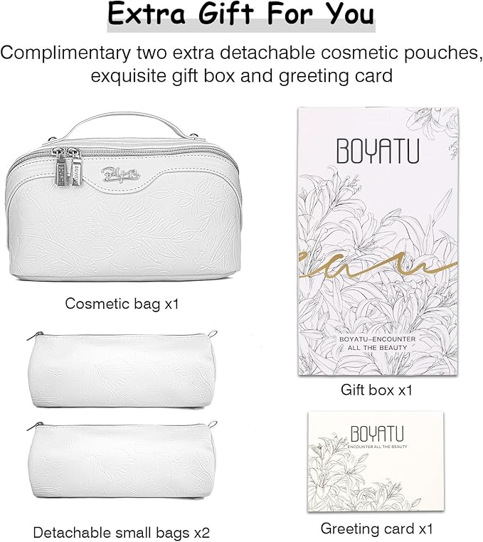 BOYATU Travel Makeup Bags Cosmetic Organizer Bag: 3-Set Large Capacity Make up Bag - PU Leather Toiletry Bags for Women - Wide Open Portable Pouch with Divider & Handle (02-White)